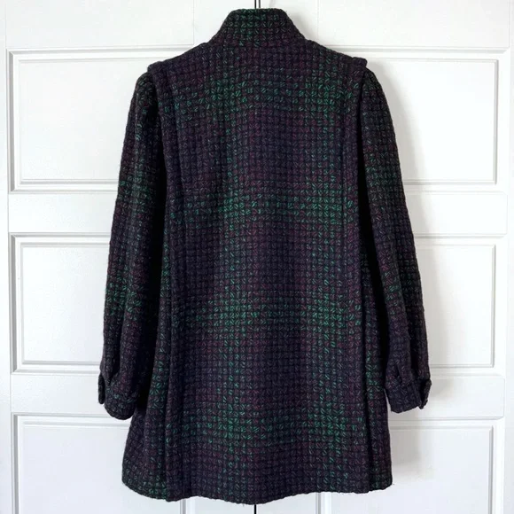 Vintage Tweed Peacoat Womens 10 Purple Green Wool 90s Classic Double Breasted - Picture 2 of 15
